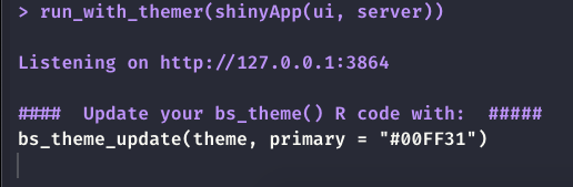 Live theming with bslib. Left: themer widget. Right: code output.