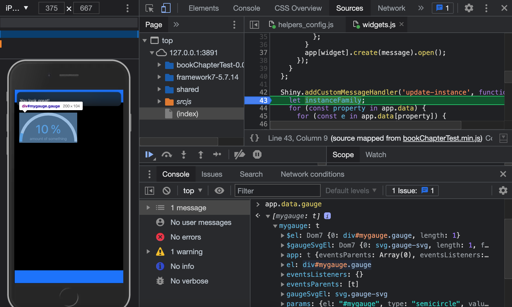 Update gauge on the server side. We inspect app.data.gauge within the JS console.