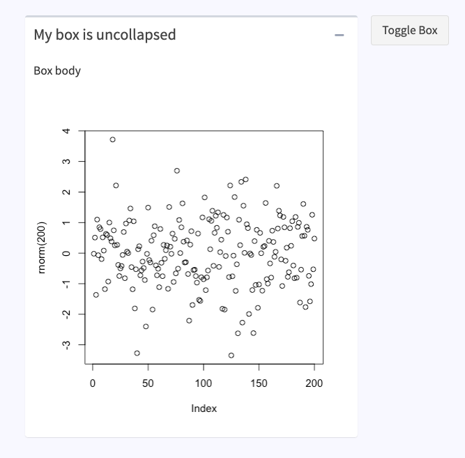 {shinydashboard} box with custom input binding listening to the box collapse state.